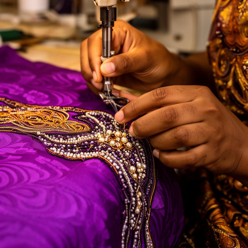 Pearl beadwork on aso-oke